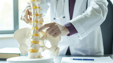 A Neurosurgeon Pointing At Lumbar Vertebra Model In Medical Office