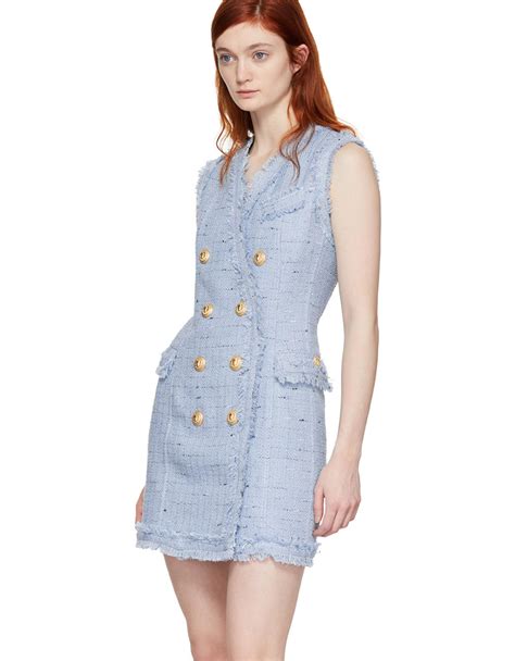 BALMAIN Blue Tweed Double Breasted Dress VERGLE