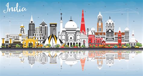 India City Skyline with Color Buildings, Blue Sky and Reflections ...