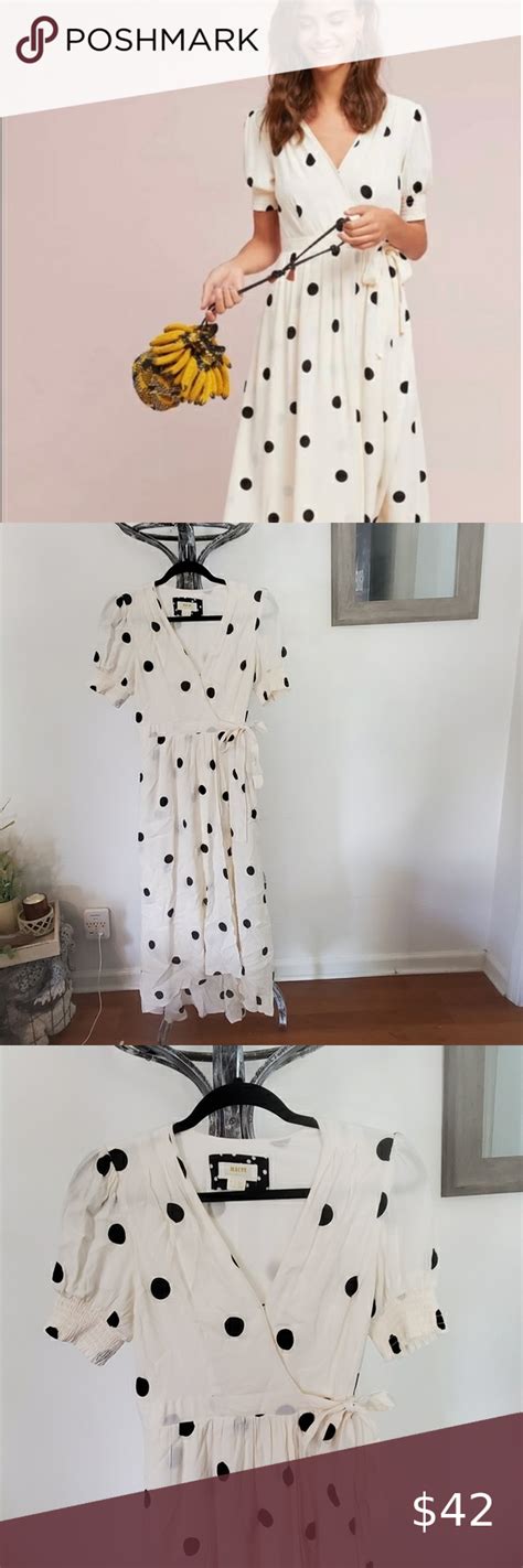 Maeve By Anthropologie Polka Dot Faux Wrap Black And Cream Dress 0