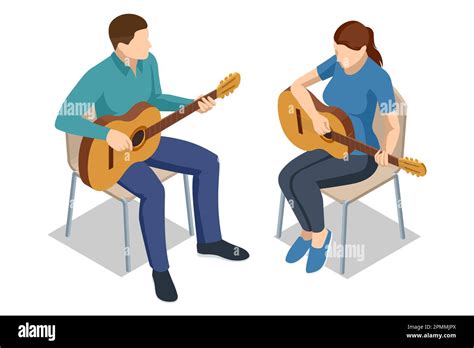 Isometric Vocal Artists Couple Playing An Acoustic Guitar Together