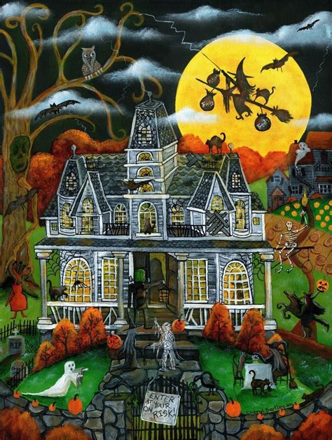 A Painting Of A Halloween House With Pumpkins And Bats