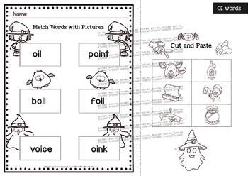 Halloween Vowel Diphthong Cut And Paste Worksheets OI OY Words