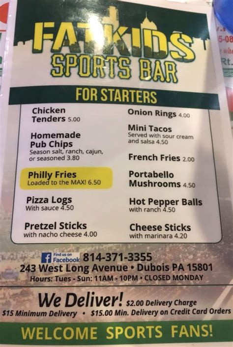 Fat Kid's Sports Bar DuBois, PA Menu (Updated: March 2024)