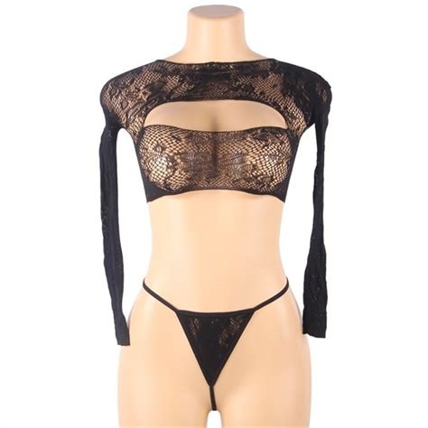 Black Bra Set Women S Lingerie Set Fishnet Hollow Out Long Sleeve Bra And Panty Set Mesh Panties