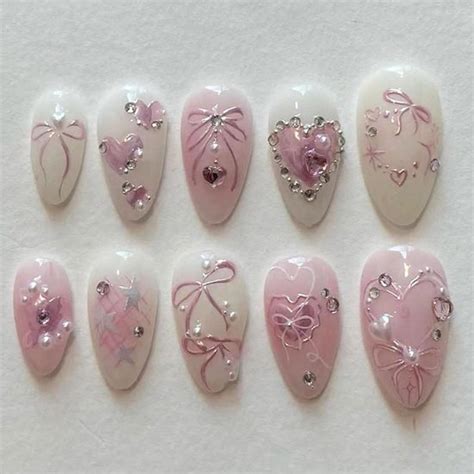 Stuks Amandelvormige Kunstnagels Met D Parels Nude Wit Franse Stiknagels Met Bol