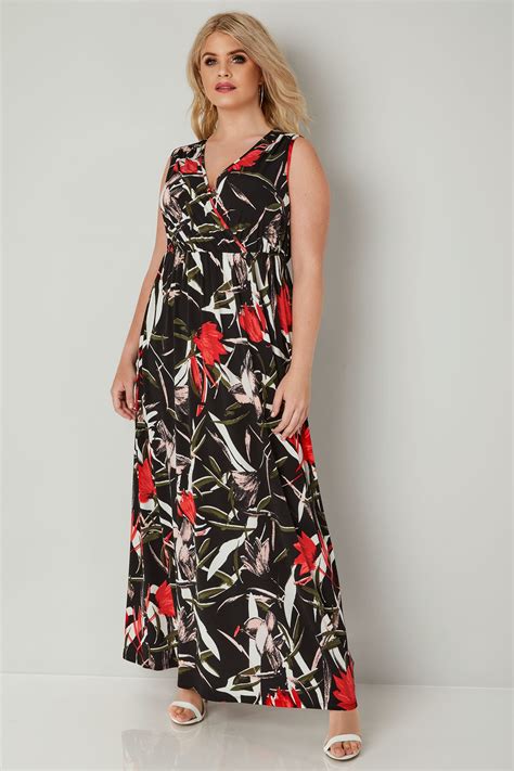 Black And Multi Floral Print Wrap Maxi Dress With Elasticated Waist Plus