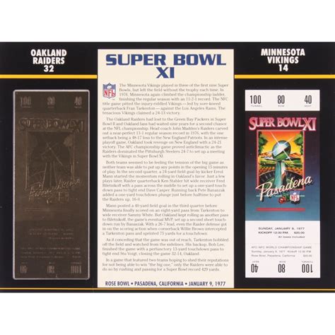 1977 Commemorative Super Bowl XI Card With Ticket Raiders Vs Vikings