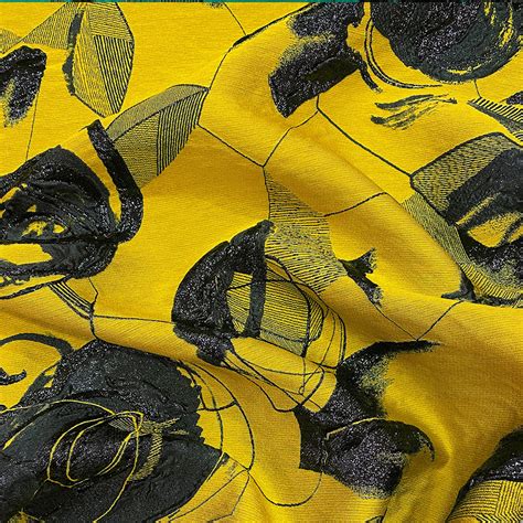 Black Floral Geometry On A Yellow Background Silk Jacquard Fabric