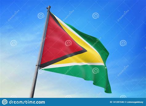 Bandera De Guyana Que Agita En El Ejemplo Del Cielo Azul 3D Stock De