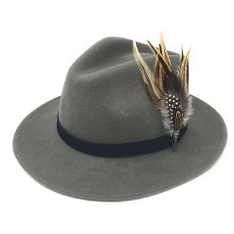 Womens Wool Grey Fedora Hat With Country Feather Wrap Trim Charingworth