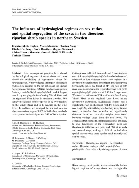 PDF The Influence Of Hydrological Regimes On Sex Ratios And Spatial