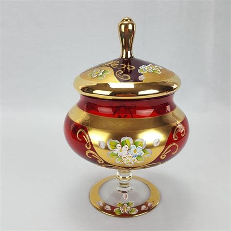 Czech Bohemian Compote Bowl Candy Dish Lid Enameled Flowers Ruby Red Art Glass Candy Dishes