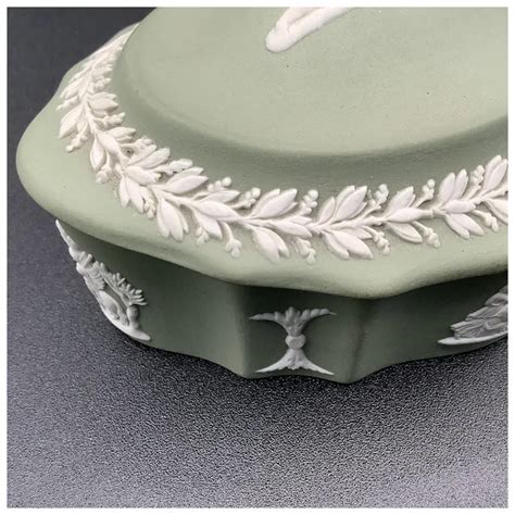 Wedgwood Sage Green Jasperware Scalloped Oval Domed Top Trinket Dish