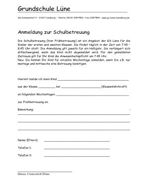 Ausfüllbar Online Einschulung eines Kindes in Grundschule Fax Email