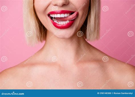 Cropped Photo Of Good Mood Adorable Girl Naked Shoulders Tongue Licking Red Lips Isolated Pink