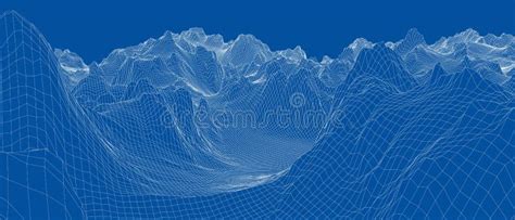 Abstract 3d Wireframe Landschap Blauwdrukstijl Vector Illustratie