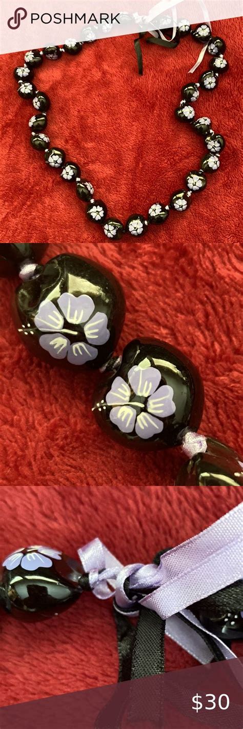 Hawaiian Kukui Nut Necklace Hand Painted Black And Lavender Floral