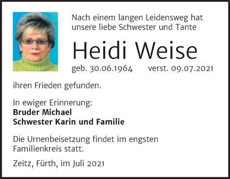 Traueranzeigen Von Heidi Weise Abschied Nehmen De