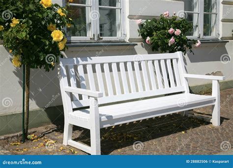 White Wooden Bench And Roses Stock Photo Image Of Bloom Relax 28882506