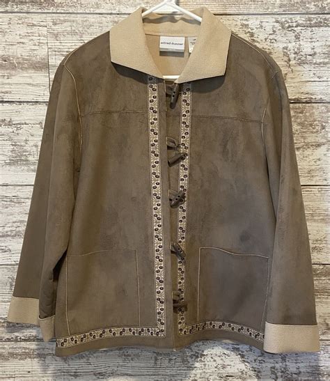 Alfred Dunner Size 14p Brown Beige Fleece Lined Button Up Suede Jacket