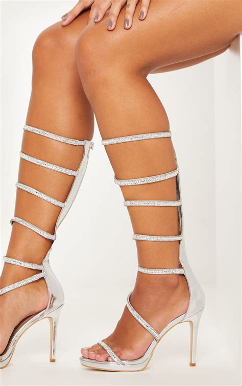 Silver Diamante Strap Knee High Heels | Shoes | PrettyLittleThing USA