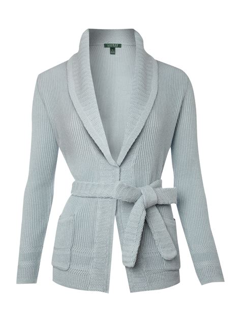 Lauren By Ralph Lauren Long Sleeve Shawl Collar Belted Cardigan In Blue