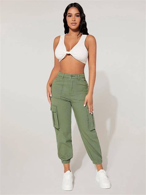 Shein Petite Jeans Cargo De Talle Alto Con Bolsillo Con Solapa Moda