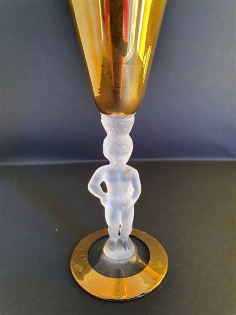 Rare Vintage Bayel Crystal Gold Frosted Champagne Glass Cheeky Nude