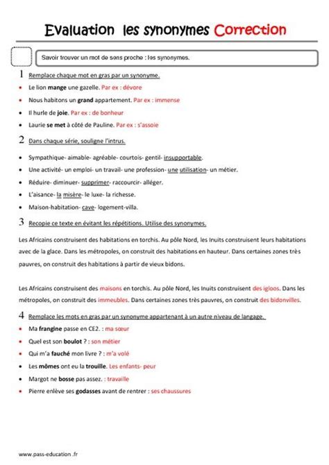 Synonymes Cm Evaluation Exercice Francais Ce Exercice Francais