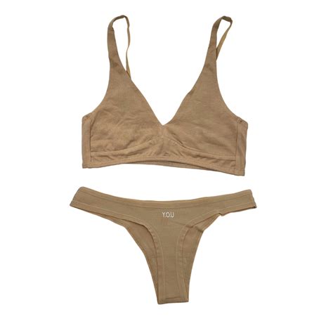 Womens Organic Cotton Matching Bralette And Thong Set Almond Light