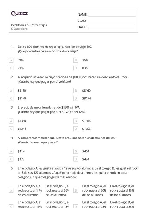 50 Problemas De Porcentaje Hojas De Trabajo En Quizizz Gratis E