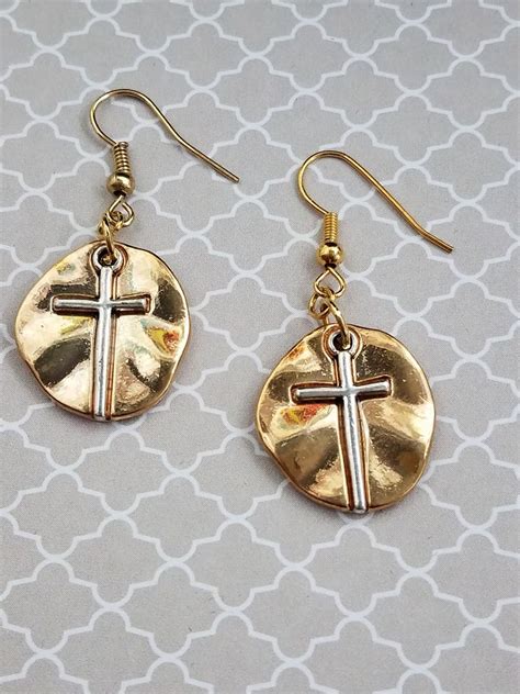 Gold Plated Rugged Circle Earrings With Raised Cross On Fish Hooks Etsy