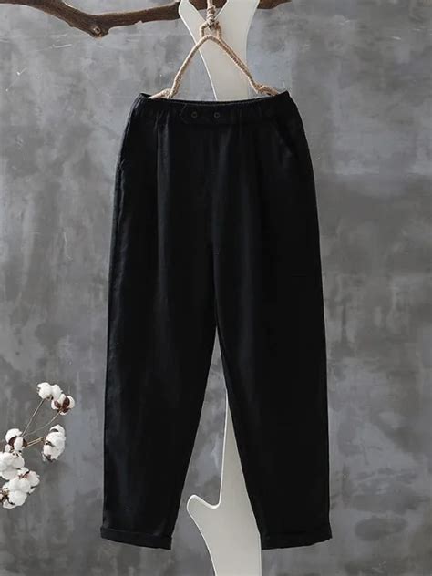 Casual Cotton Plain Ankle Pants Elastic Waist Pocket Stitching Pants