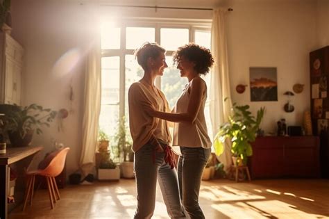Premium Photo Lesbian Couple Dancing Together In A Sunlit Generative Ai