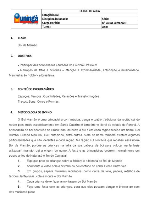 Plano De Aula Plano De Aula Estagi Rio A Disciplina Lecionada