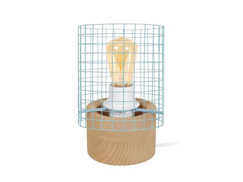 NOIRON Lampe De Chevet Cylindrique Bois Naturel Et Bleu Pastel