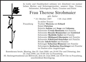 Traueranzeigen Von Therese Strohmaier Trauer Merkur De