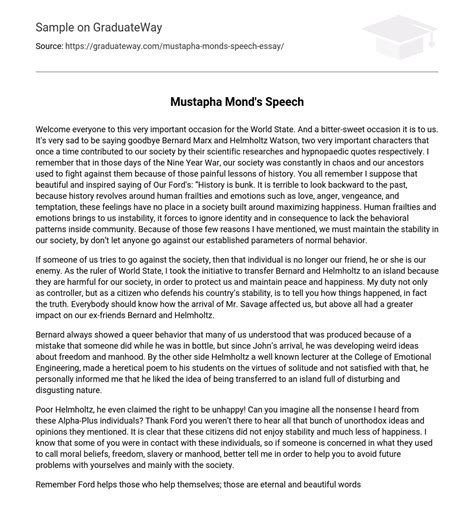 Mustapha Mond’s Speech - 654 Words | Free Essay Example on GraduateWay