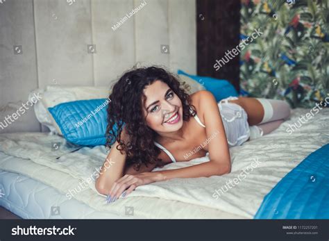 Beautiful Sexy Brunette Woman Lying Bed Stock Photo Shutterstock