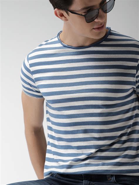 Buy Mast Harbour Men Blue White Striped Round Neck Pure Cotton T Shirt Tshirts For Men 3082378