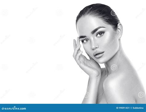 Beauty Spa Brunette Woman Touching Her Face Skincare Stock Image