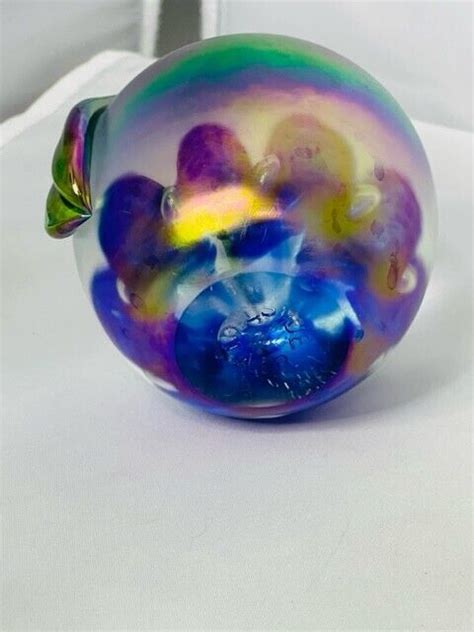 Signed Joe St Clair Art Glass Apple Paperweight Cobalt Blue Carnival