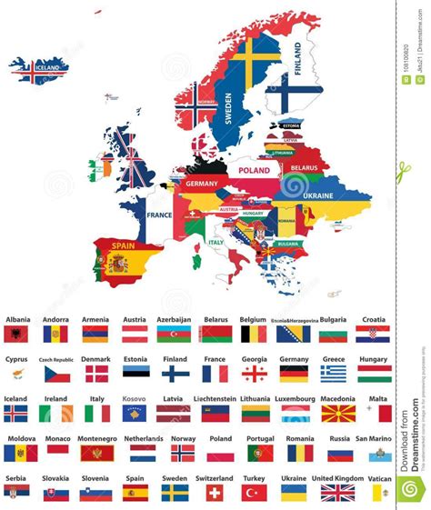 Europe Map Mixed with Countries National Flags. All European Flags Vector Collection Stock ...