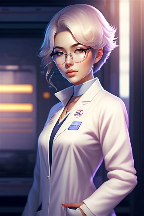 lexica beautiful anime girl  short white hair wearing lab coat