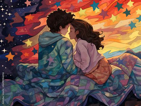 An Illustration Of An LGBTQ Lesbian Couple Wrapping Themselves In A Quilt And Star Gazing Stock