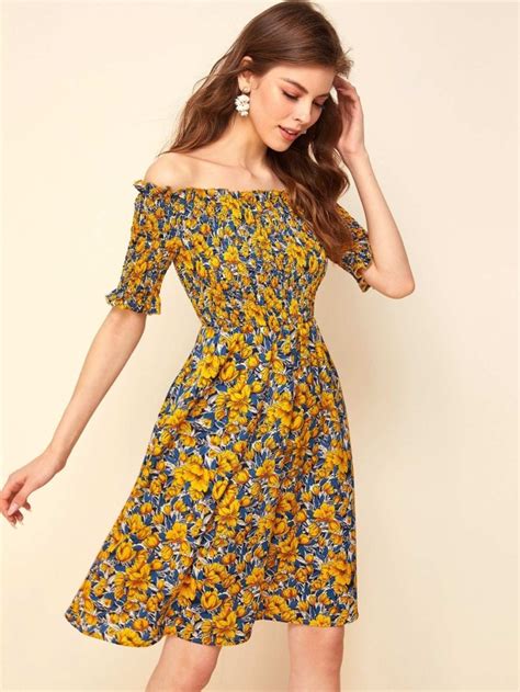 Allover Floral Off Shoulder Shirred Dress