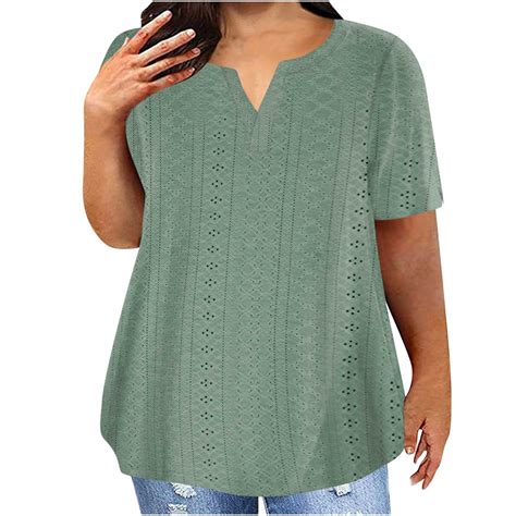 Dazajoo Notch V Neck Tops For Women Plus Size Short Sleeve Solid Color Shirts 2024 Summer Womens