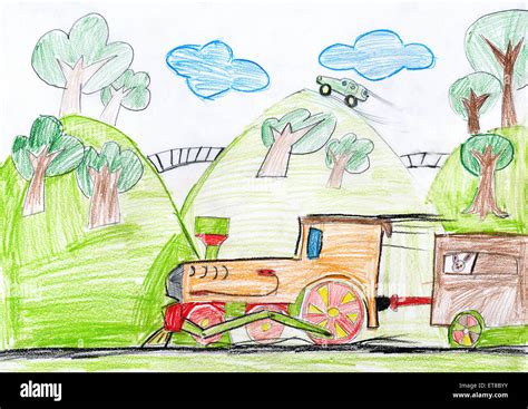 steam train. child drawing Stock Photo - Alamy