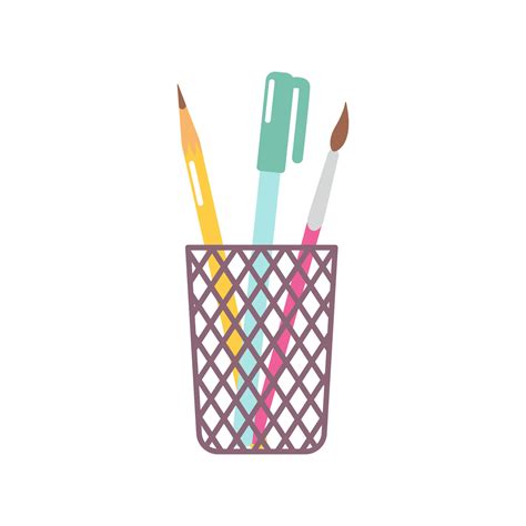 Writing Materials In Stationery Cup Pen Pencil And Brush Vector Flat